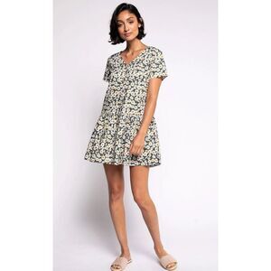 baby doll style mini Casual Summer Dress size S Olive green floral pattern